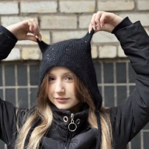Чорний кото чепчик з ангори з мікро паєтками ✨ модна жіноча шапка, ручна робота